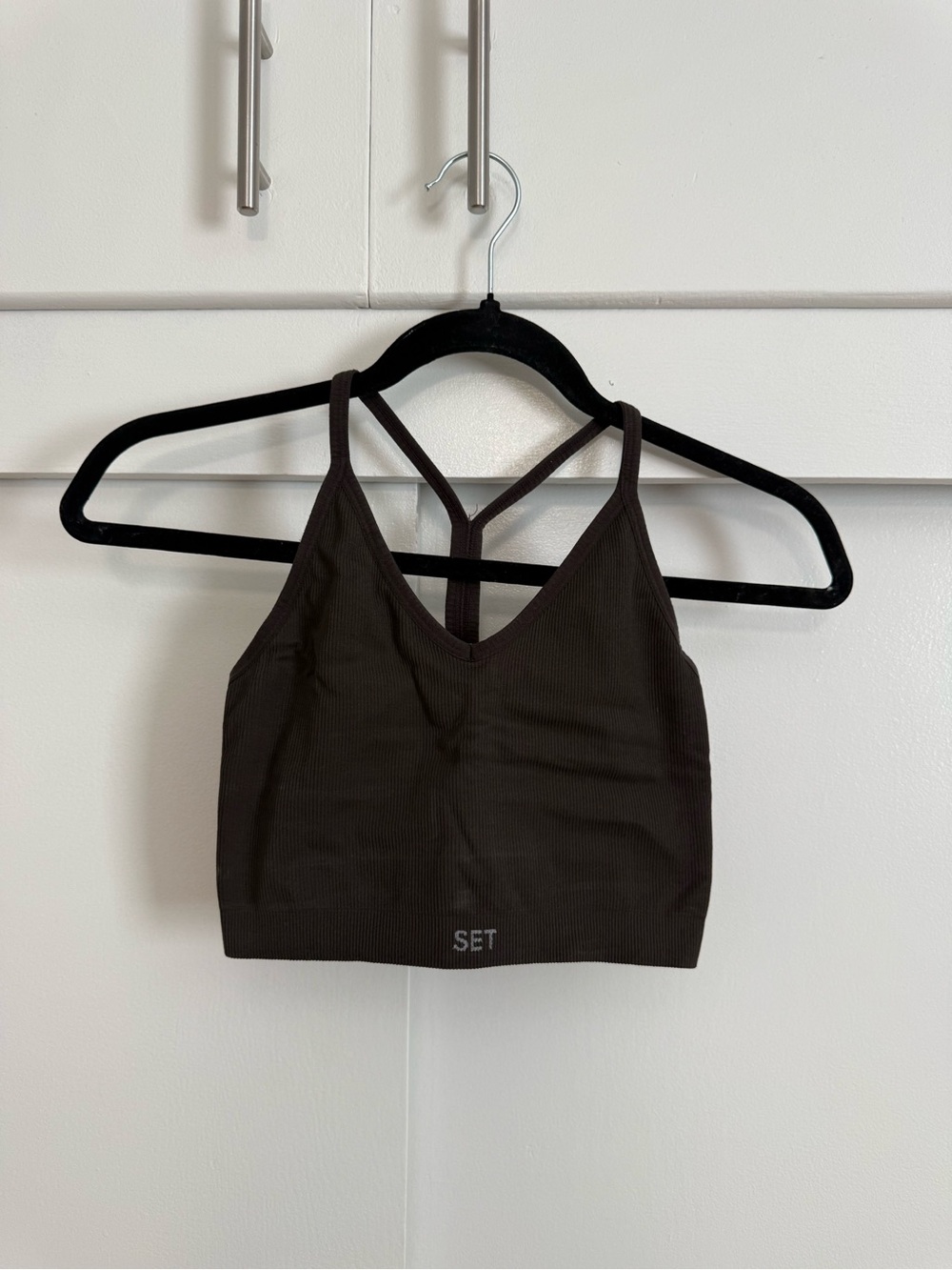 SET Active Ribbed V-Neck Strappy Crop Top — Brown